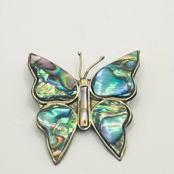 MEXICO Alpaca Abalone Shell Butterfly Brooch VTG - Picture 9 of 10
